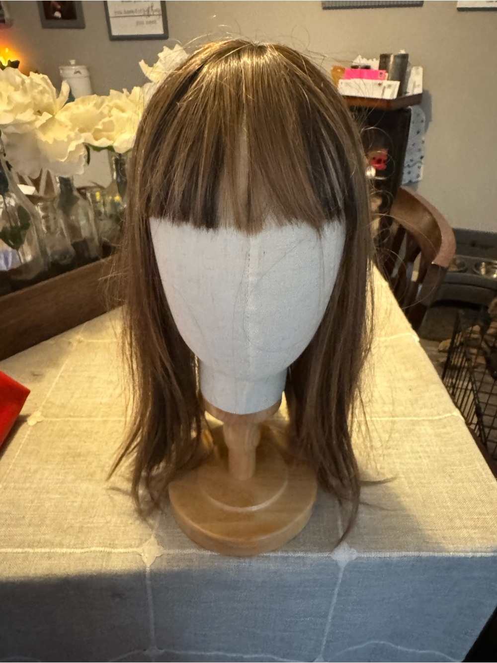 Light Brown Synthetic Wig with Blunt Bangs - Unbranded